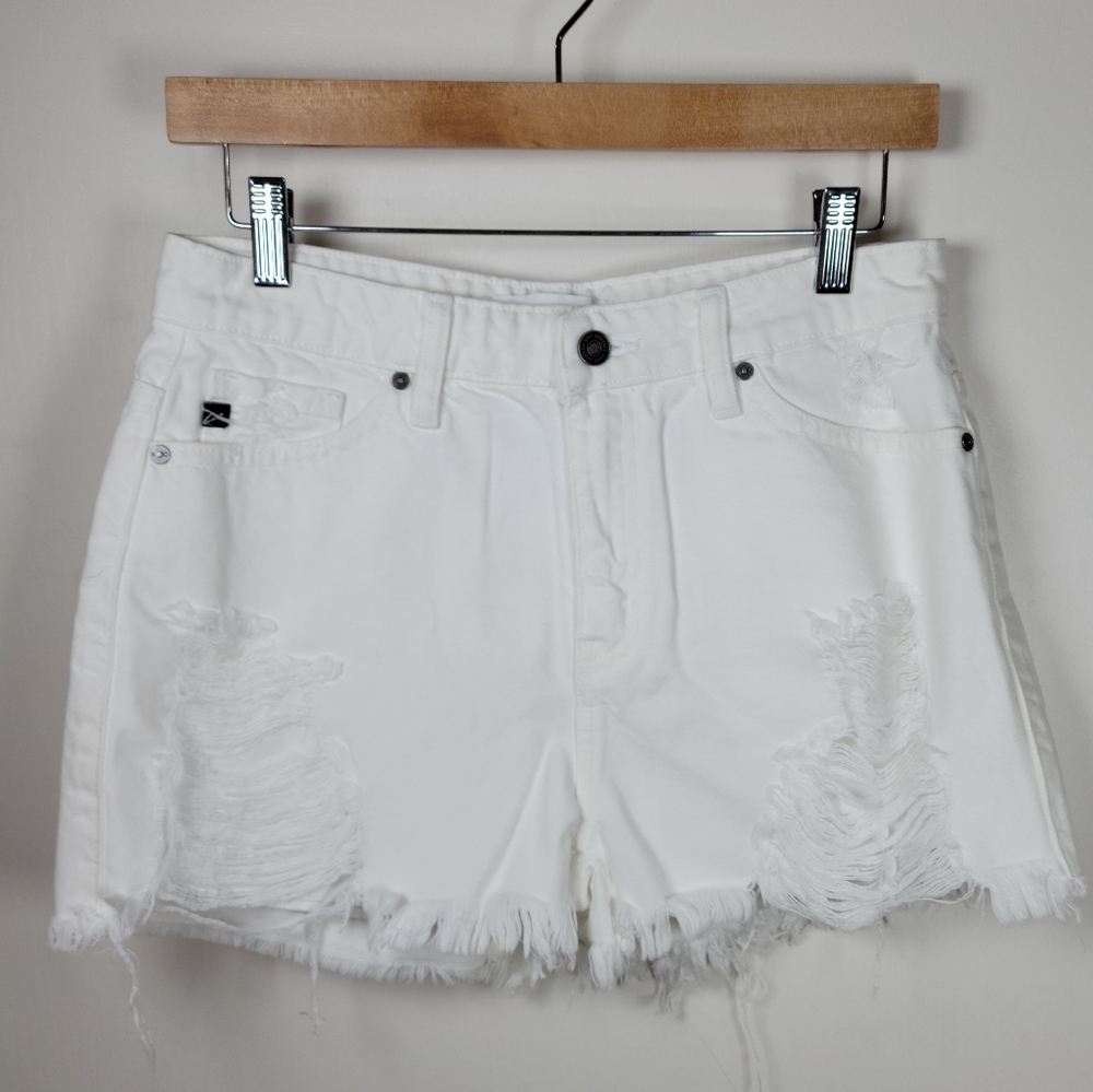 KanCan You Only Live Once White Denim Distressed High Rise Shorts Size Medium